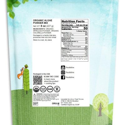 Organic Algae Powder Mix, 8 Ounces – Spirulina and Chlorella 50/50 Blend, Non-GMO, Rich in Chlorophyll, Raw, Pure, Vegan Superfood, Bulk, Great for Smoothies, Good Source of Protein and Vitamins