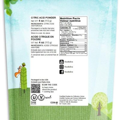 Citric Acid Powder, 4 Ounces – Anhydrous, Fine Granules, Food Grade Lemon Salt, Great for Cheese Making, Good for Bath Bombs, Kosher, Sour Salt in Bulk