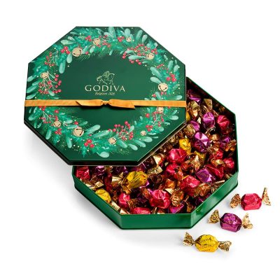 Godiva Chocolatier Holiday 2023 Truffle Tin – 50 Piece Individually Wrapped Assorted Gourmet Chocolate Candy – 1 Giftable Tin – Unique Christmas Gift for Chocolate Lovers