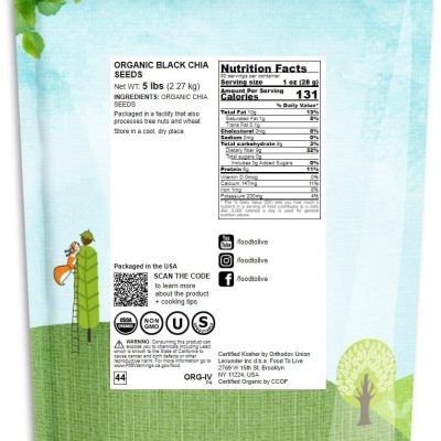 Organic Black Chia Seeds, 5 Pounds – Non-GMO, Whole, Sproutable, Vegan, Kosher, Keto, Sirtfood, Bulk. Rich in Essential Fatty Acids, Fiber, Protein. Great For Chia Pudding, Smoothie, Oatmeal