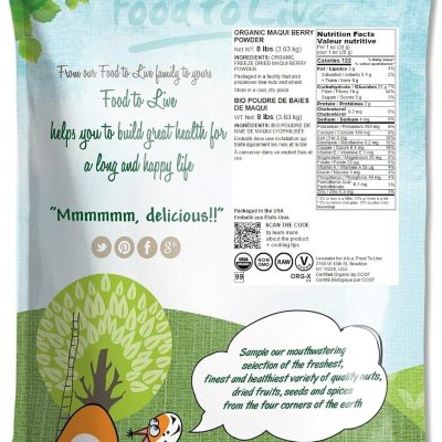 Food to Live Organic Maqui Berry Powder, 8 Pounds – Non-GMO, Raw, 100% Pure, Vegan Superfood, No Added Sugar, Bulk, Rich in Iron, Fiber and Antioxidant, Great for Juices, Drinks, and Smoothies.