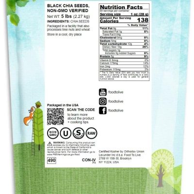 Food to Live Black Chia Seeds, 5 Pounds – Whole, Sproutable, Vegan, Kosher, Keto, Sirtfood, Bulk. Rich in Essential Fatty Acids, Fiber, Protein. Great for Chia Pudding, Smoothie, Oatmeal (5 LB)