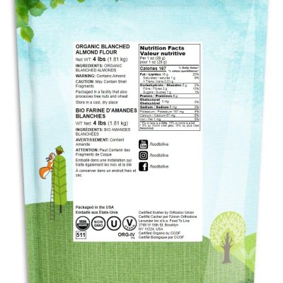Food to Live Organic Almond Flour, 4 Pounds – Extra Fine Blanched Prime Meal, Non-GMO, Low Carb, Culinary Grade, Kosher, Keto, Paleo and Vegan Super Powder, Bulk