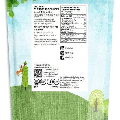 Food to Live Organic Wheatgrass Powder, 1 Pound — Non-GMO, Whole-Leaf, Raw, Non-Irradiated, Pure, Vegan Superfood, Bulk, Great for Juice, Rich in Fiber, Chlorophyll, Fatty Acids and Minerals