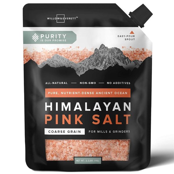 Willow & Everett Himalayan Pink Salt – Coarse Grain for Grinder Refill, 2.2lb / 1kg – Easy Pour Spout, Non-GMO – Kosher Rock Salt for Cooking