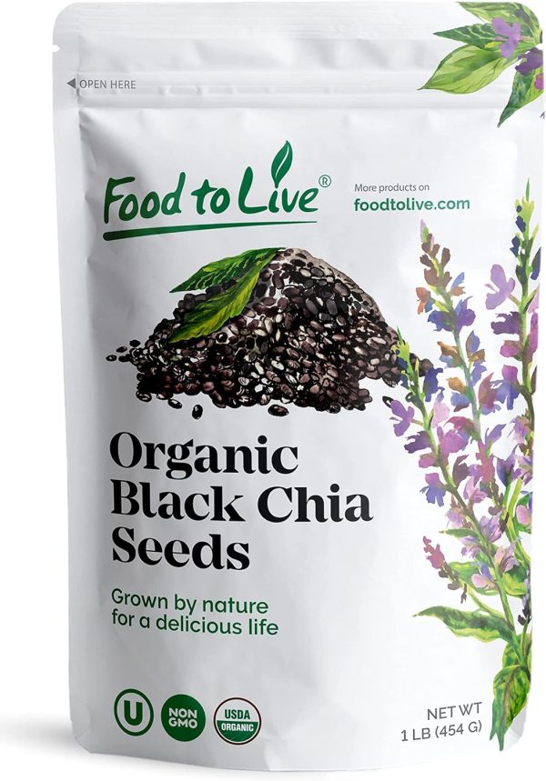 Organic Black Chia Seeds, 1 Pound – Non-GMO, Whole, Sproutable, Vegan, Kosher, Keto, Sirtfood, Bulk. Rich in Essential Fatty Acids, Fiber, Protein. Great For Chia Pudding, Smoothie, Oatmeal