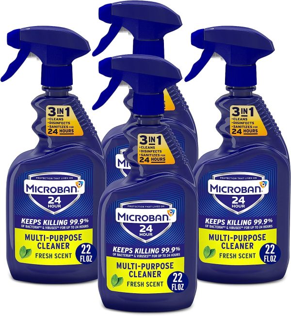Microban Disinfectant Spray, 24 Hour Sanitizing and Antibacterial Spray, All Purpose Cleaner, Fresh Scent, 22 Fl Oz (Pack of 4)